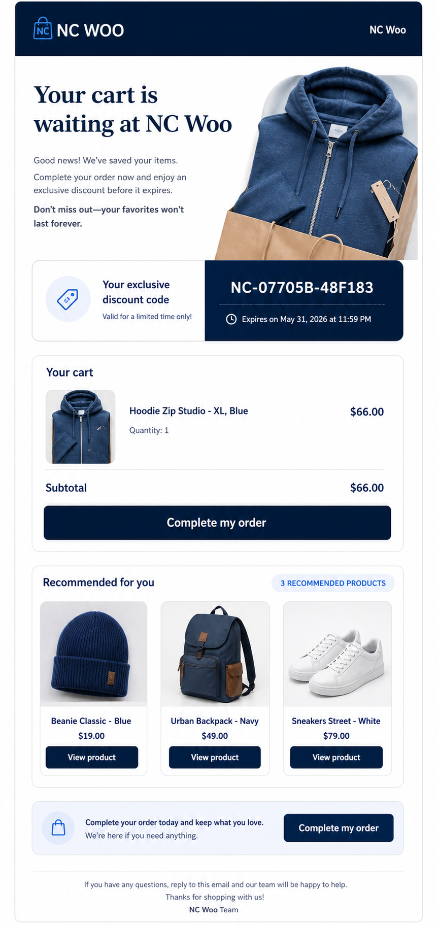 NC WOO abandoned cart email template in English