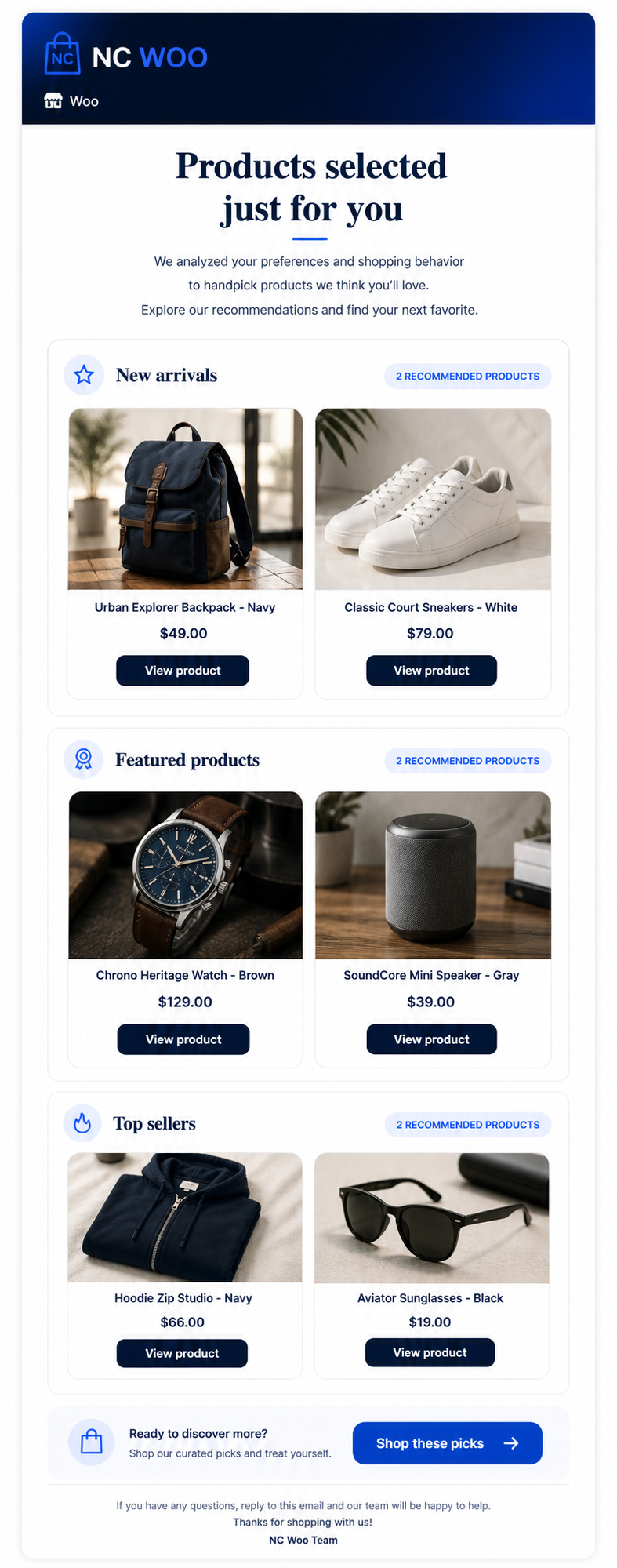 NC WOO personalized product advisor email template in English