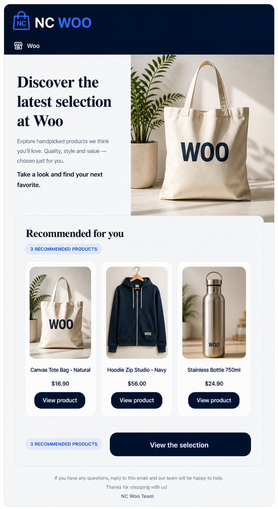 NC WOO product recommendation email template in English